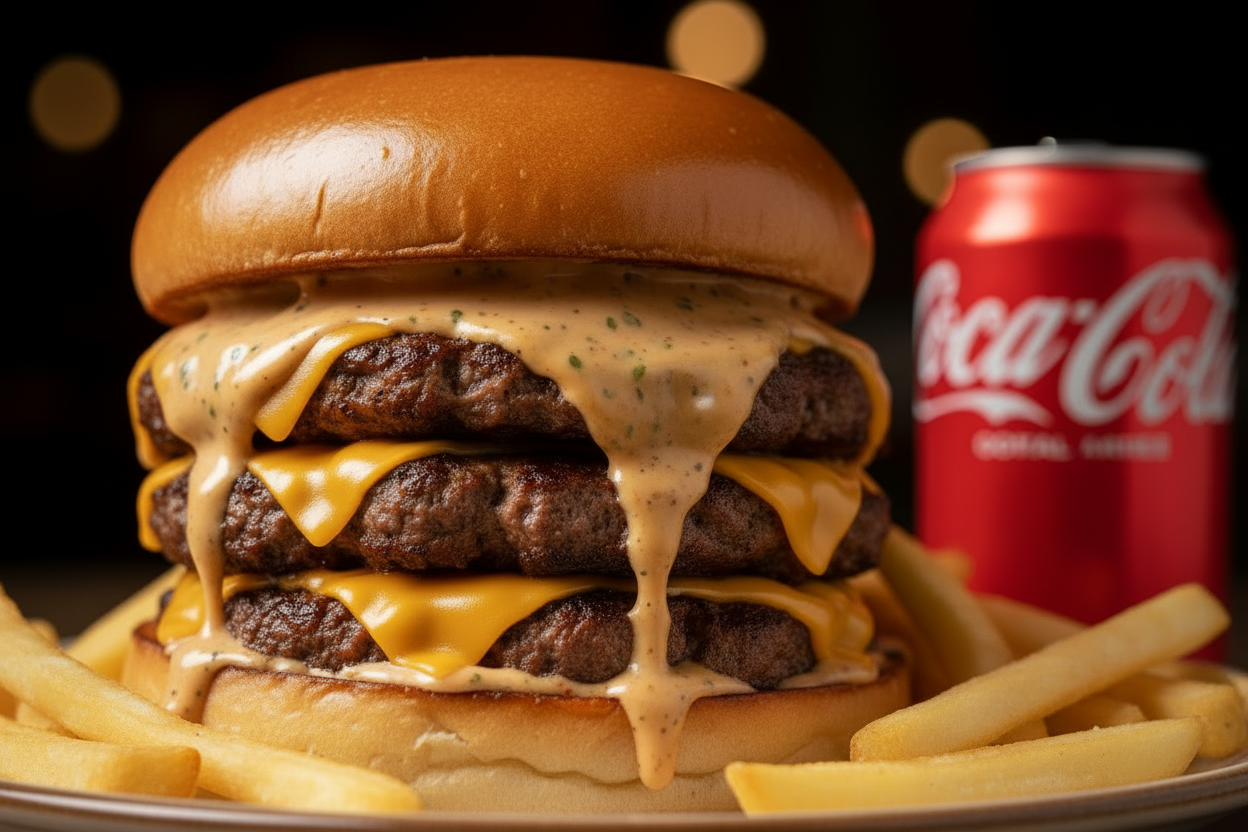 Menu smash triple avec trois steaks cheddar sauce frites et canette de Coca