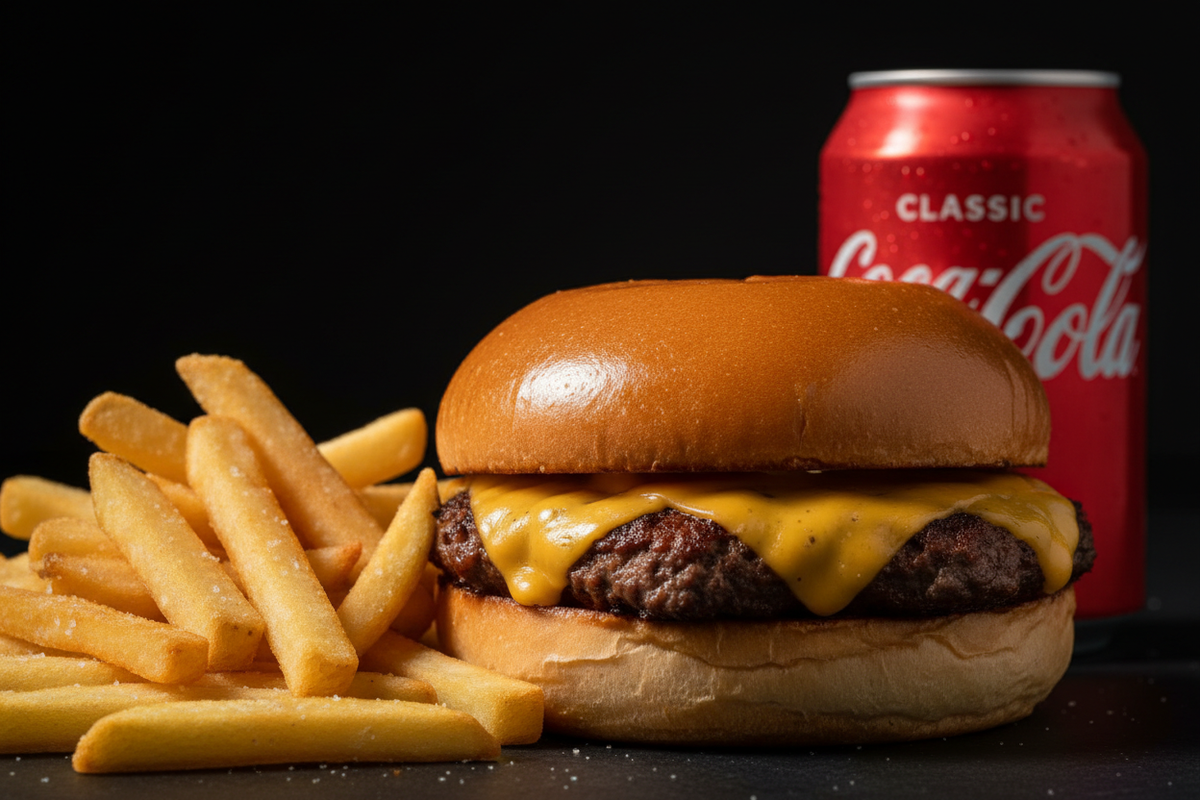 Smash burger avec un steak, frites classiques et canette