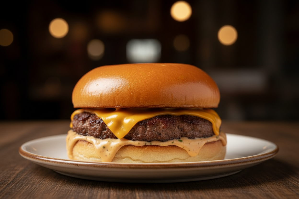 Smash burger simple avec un steak et fromage fondu sur pain brioché sans céréales