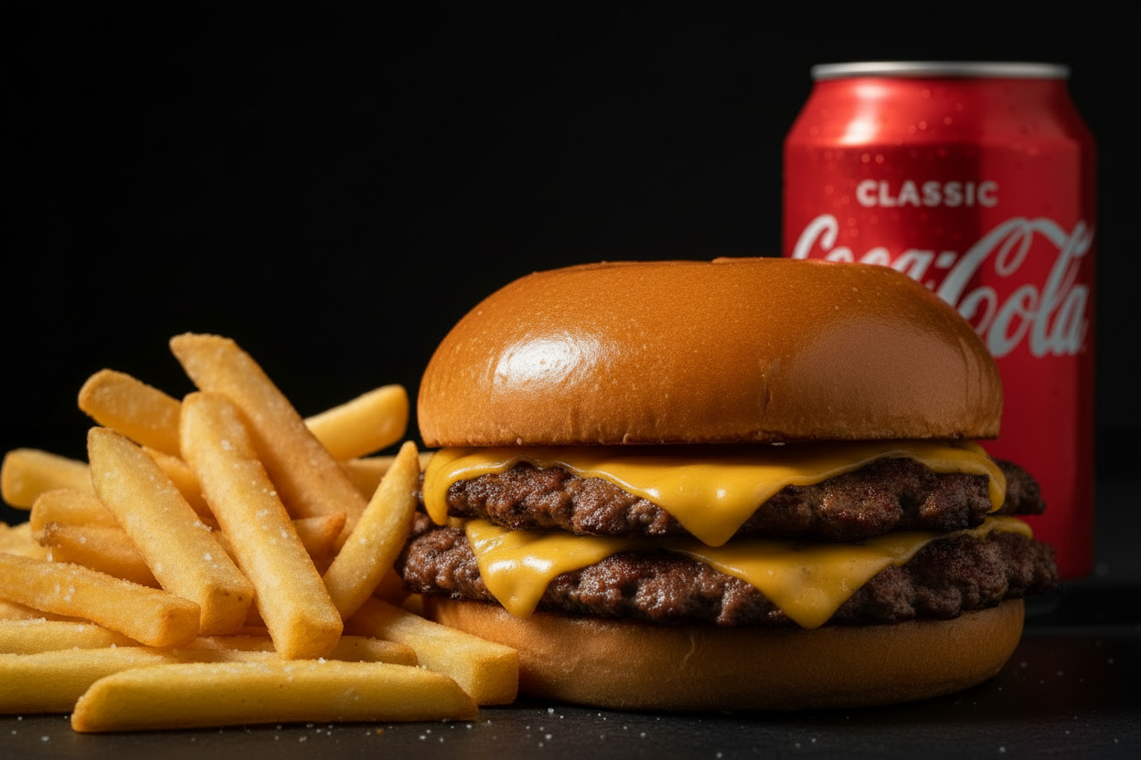 Menu smash double avec deux steaks cheddar frites et canette de Coca
