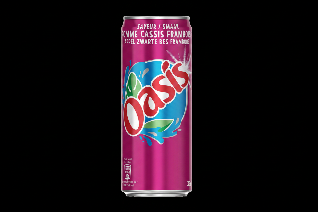 Canette Oasis Pomme Cassis Framboise 33cl sur fond noir