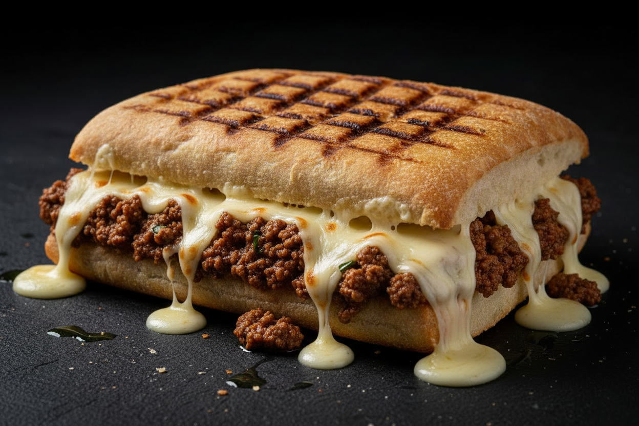 Panini pressé grillé avec sauce bolognaise et fromage fondu