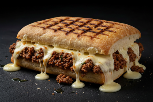 Panini pressé grillé avec sauce bolognaise et fromage fondu