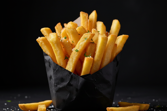 Portion de frites maison pomme de terre bio sur fond noir