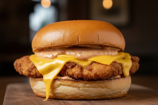 Smash chicken burger avec double cheddar jaune fondu et sauce qui dépasse sur pain brioché lisse