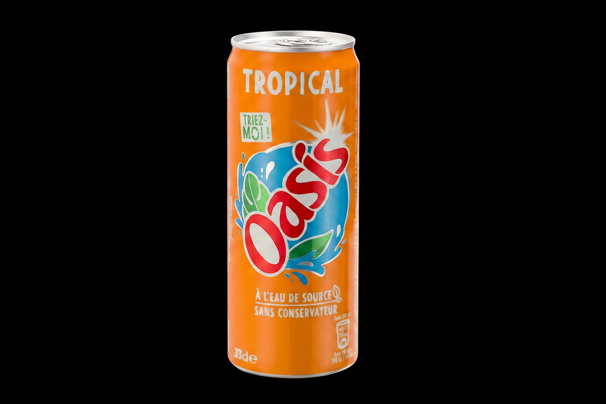 Canette Oasis Tropical 33cl sur fond noir