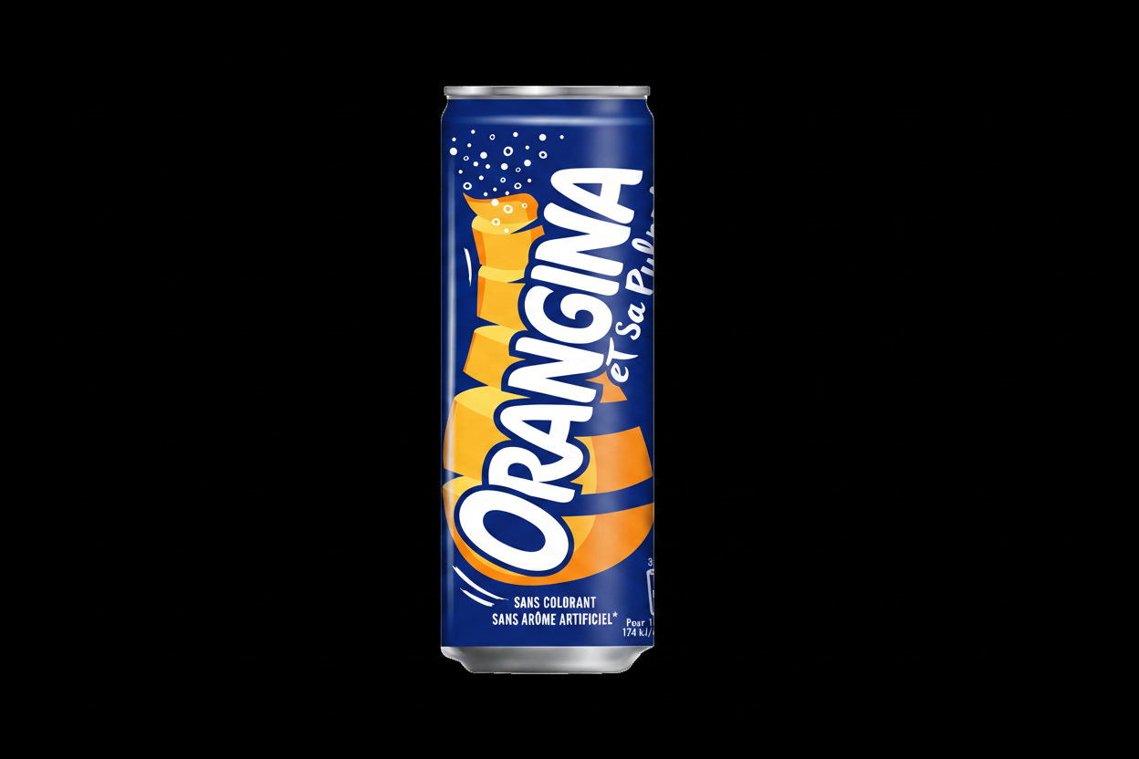 Canette Orangina 33cl sur fond noir