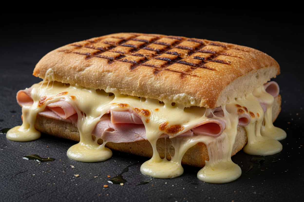 Panini jambon de dinde avec fromage fondu sur pain pressé grillé