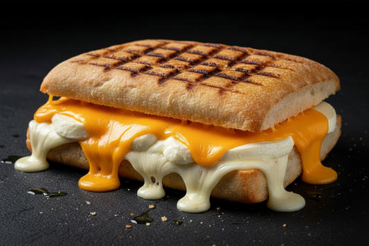 Panini pressé grillé avec emmental, cheddar et chèvre fondus