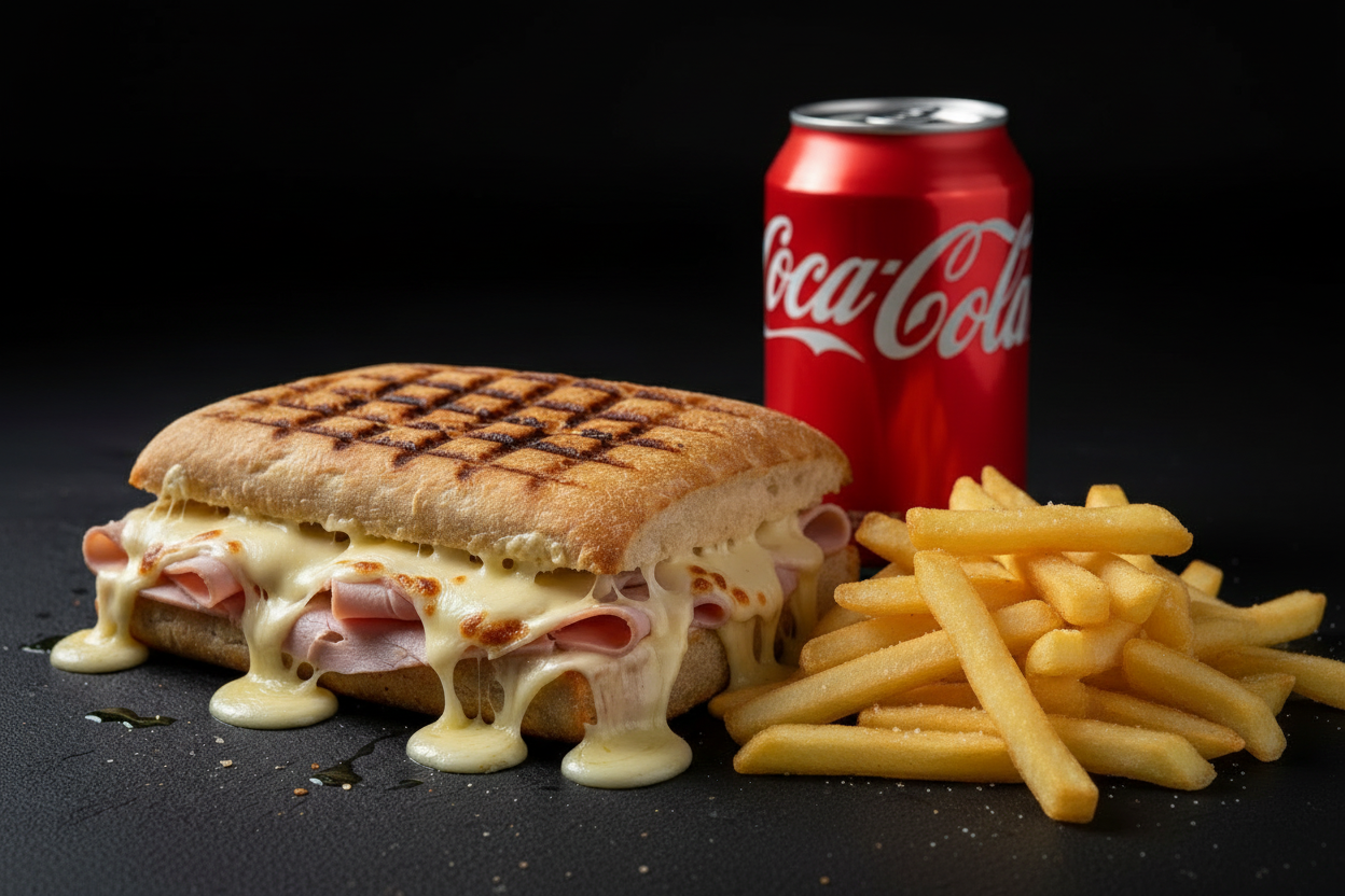 Menu panini jambon de dinde fromage avec frites et canette de Coca
