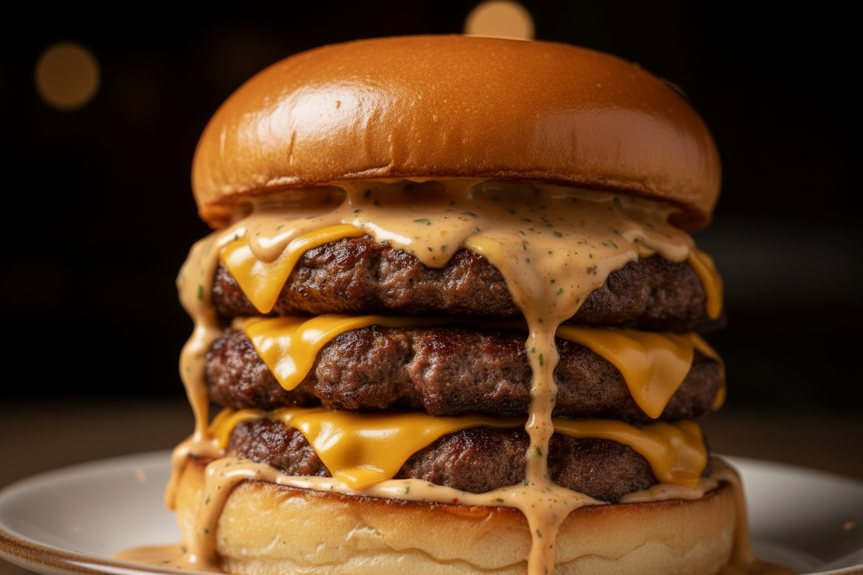 Triple smash burger avec trois steaks et fromage fondu, style menu cohérent