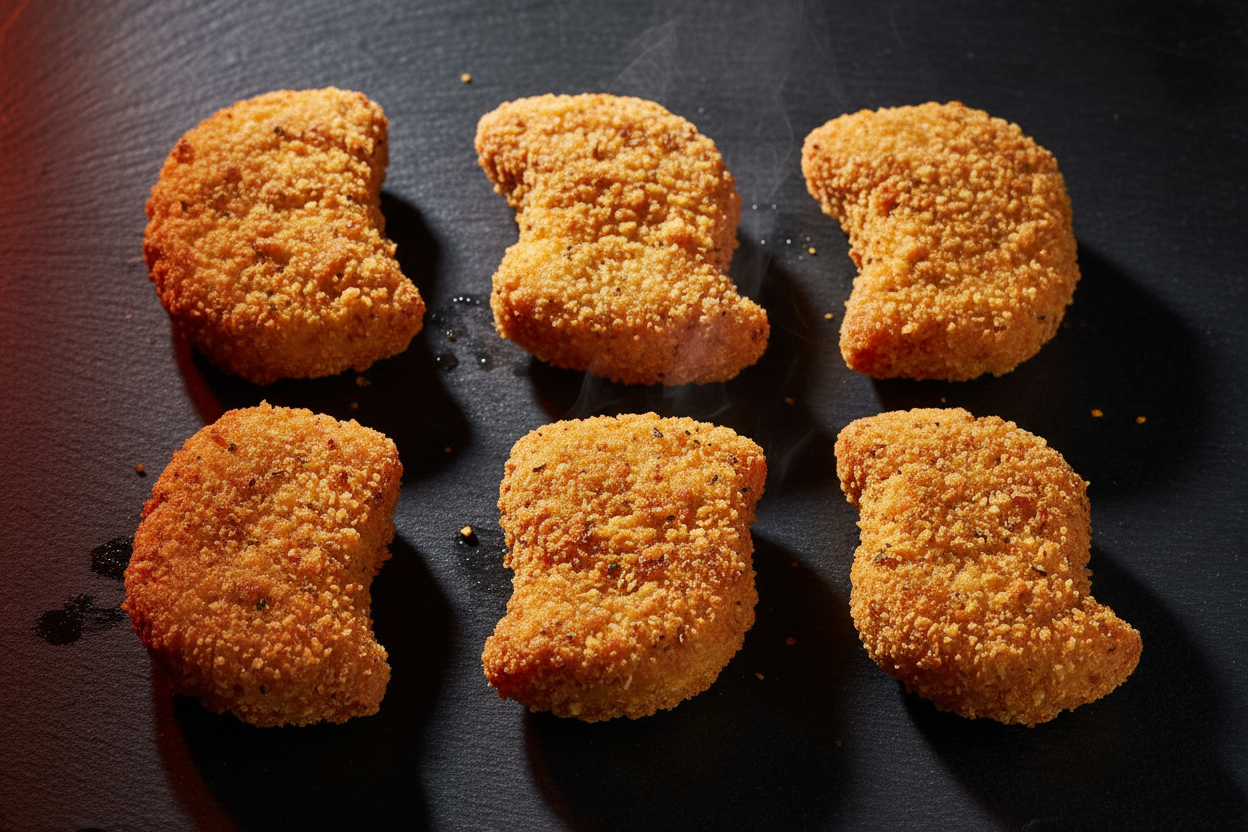6 nuggets de poulet dorés et croustillants sur fond sombre