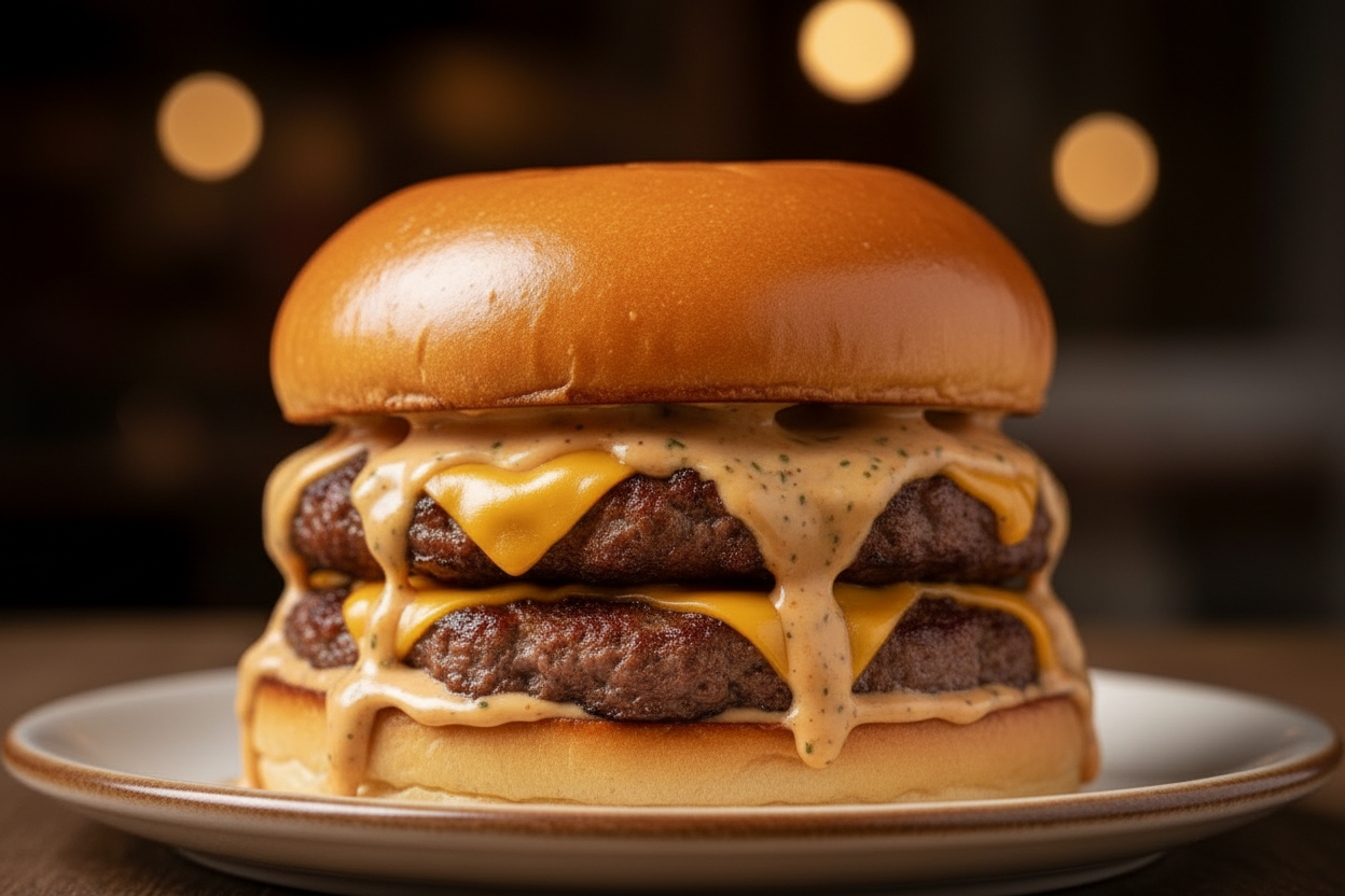 Smash burger double avec deux steaks et fromage fondu sur pain brioché sans céréales