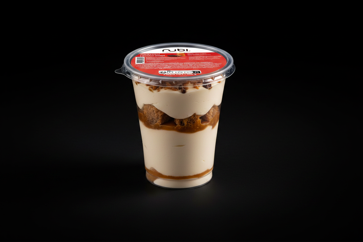 Tiramisu Chococaramel en pot transparent avec couvercle sur fond sombre